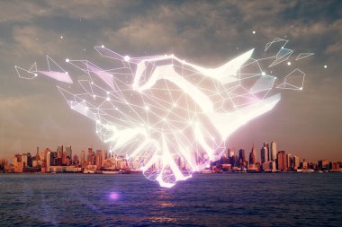 Şehir manzarası arka planında el sıkışma hologramına çifte maruz kalma. Ortaklık kavramı.