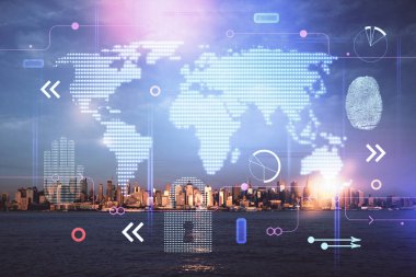 Şehir görünümünde harita ve veri temalı hologram ile gökdelenler arka planda çift pozlama. İş kavramında uluslararası teknoloji.