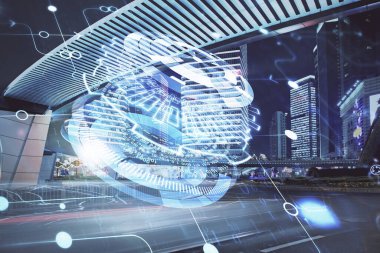 Veri temalı hologram gökdelenler arka planda çoklu pozlama ile şehir görünümüne çizim yapıyor. Büyük veri kavramı.