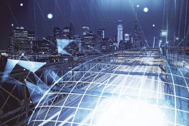 Şehir görünümünde harita ve veri temalı hologram ile gökdelenler arka planda çift pozlama. İş kavramında uluslararası teknoloji.