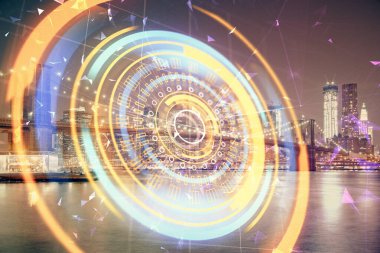 Teknoloji temalı hologramın ve şehrin arka planının iki katına çıkarılması. Yüksek Teknoloji kavramı.