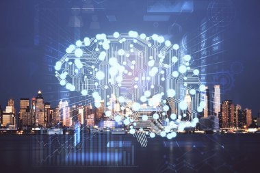 Şehrin arka planına beyin hologramı çizimi. Çifte maruz kalma. Beyin fırtınası konsepti.