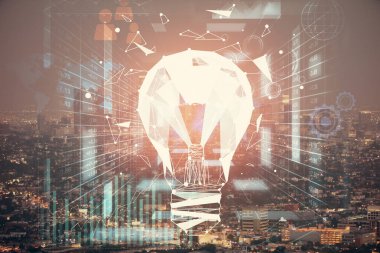 Ampul hologram çizimine ve şehir manzarasına çoklu maruz kalma. Fikir kavramı.