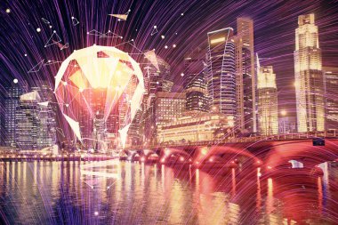 Ampul hologram çizimine ve şehir manzarasına çoklu maruz kalma. Fikir kavramı.