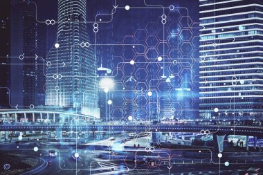 Veri temalı hologram gökdelenler arka planda çoklu pozlama ile şehir görünümüne çizim yapıyor. Ai kavramı.