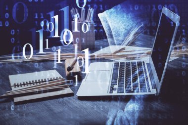 Arkaplanda bilgisayar ve veri temalı çizim tablosu çoklu pozlama. Yenilik kavramı.