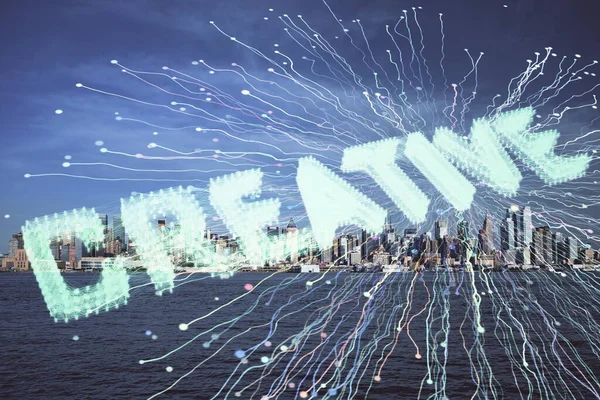Double exposure of start up theme drawings over cityscape background. Concept of success. — Stock Photo, Image