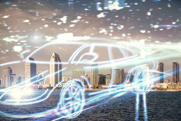 Dupla exposição do desenho do holograma do tema do transporte e fundo da vista da cidade. Conceito piloto automático. — Fotografia de Stock