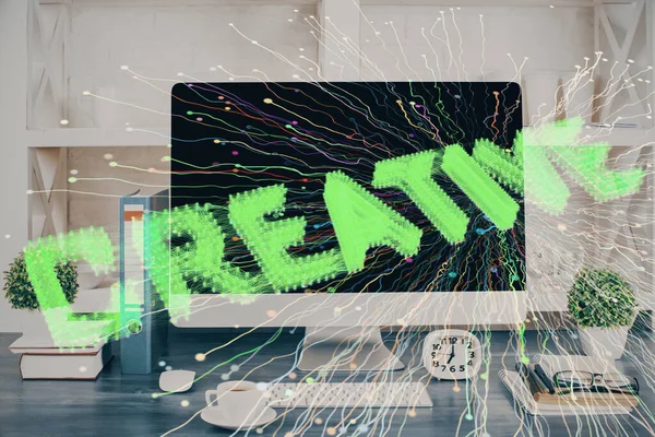 Bureaublad computer achtergrond in kantoor en start thema hologram tekening. Dubbele belichting. Startup-concept. — Stockfoto