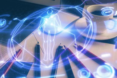 Masaüstü bilgisayar geçmişi ve eğitim teması çizimi. Çifte maruziyet. Konsept çalış.