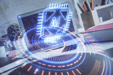 Kişisel bilgisayar ve teknik tema çizimi ile masaüstü çok açıkta. Büyük Veri Kavramı.