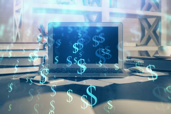 Hologramm für den Devisenmarkt und Personal Computer im Hintergrund. Doppelbelichtung. Investitionskonzept. — Stockfoto