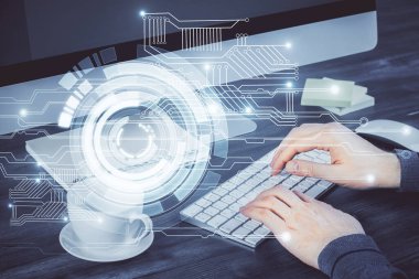 Bilgisayar arkaplanı üzerinde çalışan elleri olan iki kez teknolojik çizimlere maruz kalmış. Yenilik kavramı.