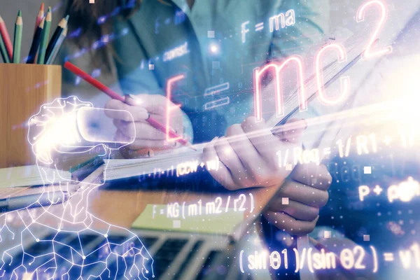 Science formula hologram over womans hands taking notes background. Concept of study. Multi exposure — Stock Photo, Image