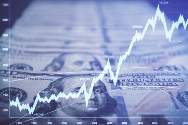 Önx grafiğinin arka plandaki dolarları iki katına çıkarması. Finans piyasası kavramı.