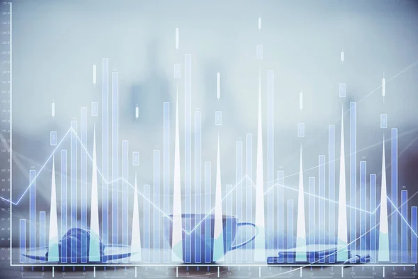 Double exposure of forex chart over coffee cup background in office. Concept of financial analysis and success. — Stock Photo, Image