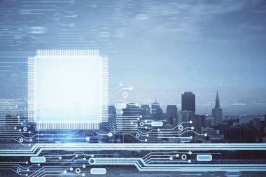 Veri temalı hologram gökdelenlerin arka planında çift pozlama ile şehir görünümüne çizim yapıyor. Teknoloji konsepti.