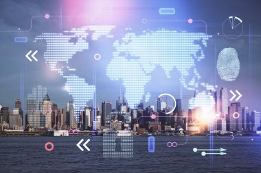 Şehir görünümünde harita ve veri temalı hologram ile gökdelenler arka planda çift pozlama. İş kavramında uluslararası teknoloji.