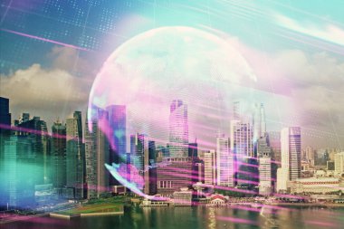 Teknoloji temalı hologramın ve şehrin arka planının iki katına çıkarılması. Yüksek Teknoloji kavramı.