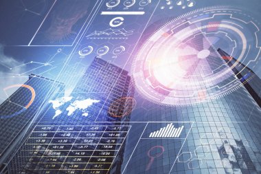 Veri temalı hologram gökdelenler arka planda çoklu pozlama ile şehir görünümüne çizim yapıyor. Büyük veri kavramı.