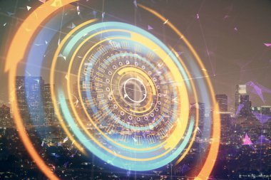 Teknoloji temalı hologramın ve şehrin arka planının iki katına çıkarılması. Yüksek Teknoloji kavramı.