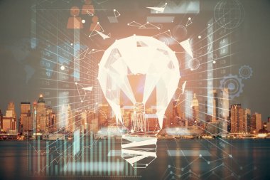 Ampul hologram çizimine ve şehir manzarasına çoklu maruz kalma. Fikir kavramı.
