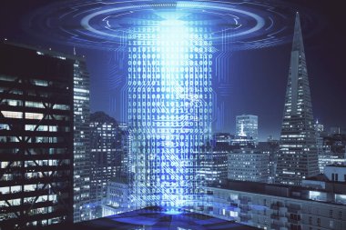 Veri temalı hologram gökdelenler arka planda çoklu pozlama ile şehir görünümüne çizim yapıyor. Ai kavramı.