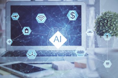 Masaüstü bilgisayar ve teknoloji temalı holograma çoklu maruz kalma. Yazılım geliştirme kavramı.