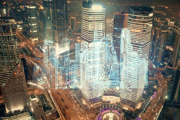 Podwójna ekspozycja hologramu budynków na tle krajobrazu miejskiego. Koncepcja inteligentnego miasta. — Zdjęcie stockowe