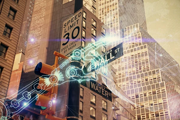 Dubbele blootstelling van technologie thema hologram en stadsgezicht achtergrond. Begrip hightech. — Stockfoto
