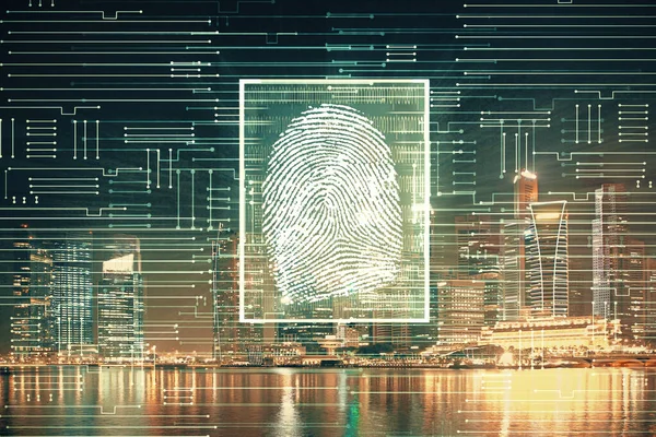 Dubbel exponering av fingeravtryck hologram och cityscape bakgrund. Begreppet personlig säkerhet. — Stockfoto