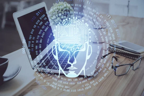Dupla exposição da área de trabalho com computador e holograma de desenho cerebral. Conceito de inteligência artificial. — Fotografia de Stock