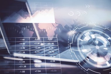 Eski pazar grafiği hologramı ve kişisel bilgisayar geçmişi. Çifte maruziyet. Yatırım kavramı.