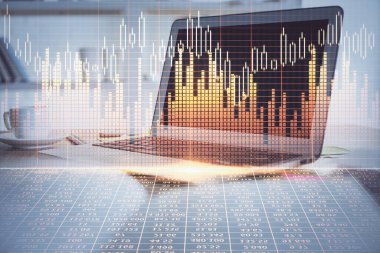 Finansal grafik renkli çizimler ve arka planda bilgisayar olan tablolar. Çifte maruziyet. Uluslararası pazarlar kavramı.