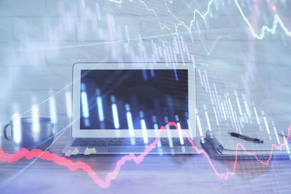 Forex Chart hologram on table with computer background. Multi exposure. Concept of financial markets. — Stock Photo, Image