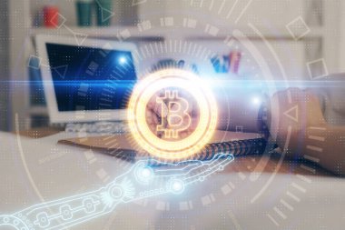 Kripto para birimi hologramı, notlar alan ellerin üzerinde arka plan. Blockchain kavramı. Çoklu pozlama