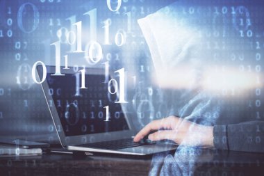 Teknoloji temalı dizüstü bilgisayarda çalışan bir adam. Büyük veri kavramı. Çift pozlama.