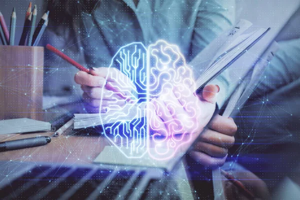 Doble exposición de las mujeres que escriben mano sobre fondo con hud cerebro. Concepto de aprendizaje. —  Fotos de Stock