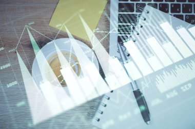 Bilgisayarla ön plan arkaplanını çizerken çift pozlama. Finansal araştırma ve analiz kavramı. Üst görünüm.