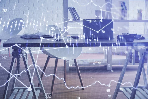 Multi-Exposition von Börsendiagramm Zeichnung und Büro Interieur Hintergrund. Konzept der Finanzanalyse. — Stockfoto