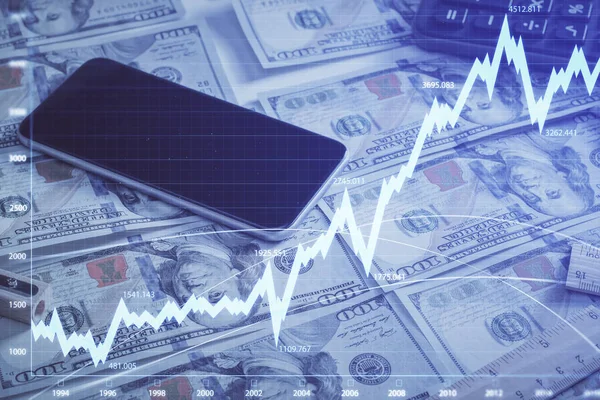 Doppelbelichtung von Forex-Graphen, die über uns Dollar-Schein Hintergrund zeichnen. Konzept der Finanzmärkte. — Stockfoto