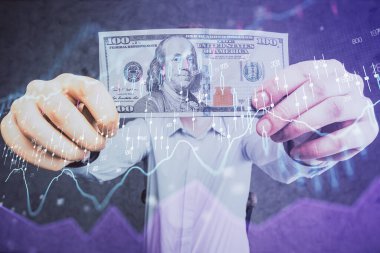 Forx grafiği, hologram, Amerikan dolarları ve insan eli çizimleri. Teknik Analiz kavramı.