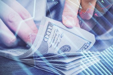 Forx grafiği, hologram, Amerikan dolarları ve insan eli çizimleri. Teknik Analiz kavramı.
