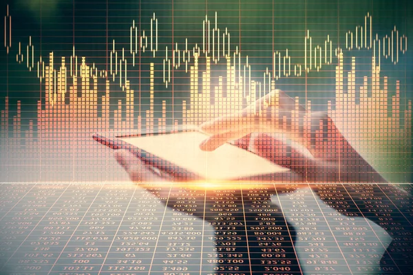 Double exposure of forex chart sketch hologram and woman holding and using a mobile device. Financial market concept.