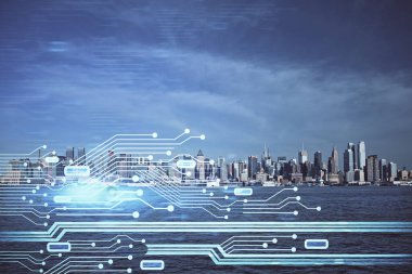 Veri temalı hologram gökdelenlerin arka planında çift pozlama ile şehir görünümüne çizim yapıyor. Teknoloji konsepti.