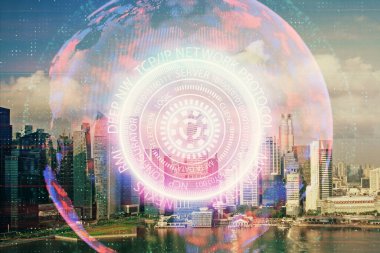 Teknoloji temalı hologramın ve şehrin arka planının iki katına çıkarılması. Yüksek Teknoloji kavramı.