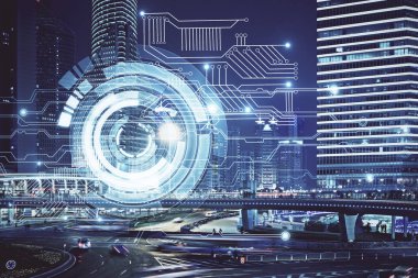 Veri temalı hologram gökdelenler arka planda çoklu pozlama ile şehir görünümüne çizim yapıyor. Ai kavramı.