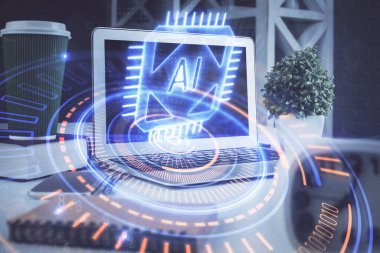 Kişisel bilgisayar ve teknik tema çizimi ile masaüstü çok açıkta. Büyük Veri Kavramı.