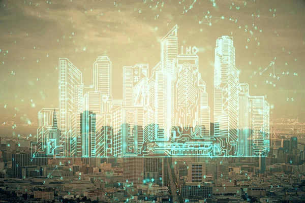 Dubbel exponering av byggnader hologram över stadsbilden bakgrund. Begreppet smart stad. — Stockfoto