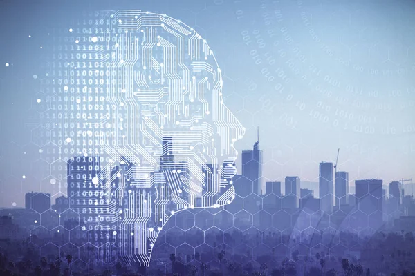 Brain hologram drawing on cityscape background multi exposure. Ai in modern city concept. — Stock Photo, Image